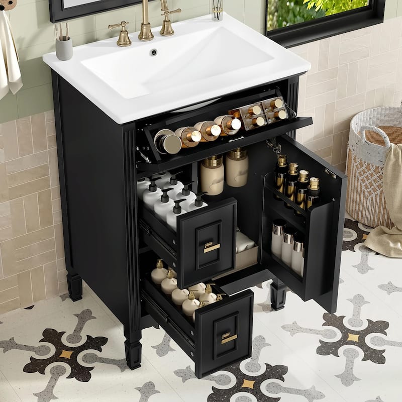 24-Inch Bathroom Vanity with Sink, Solid Wood and MDF Cabinet - Black
