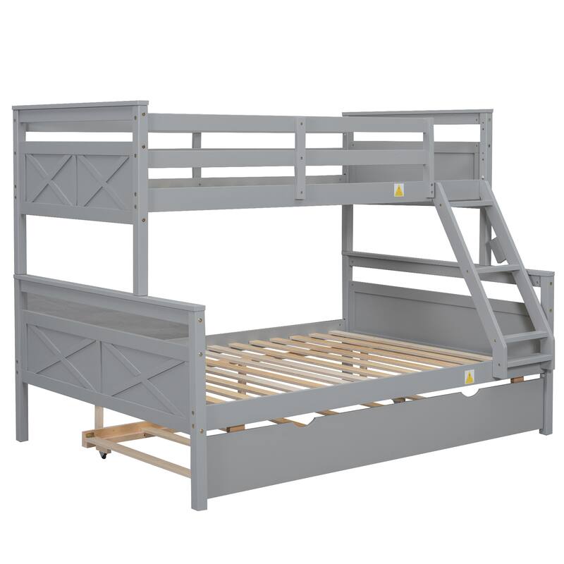 Twin over Full Bunk Bed with Ladder, Trundle, Safety Guardrail, Gray