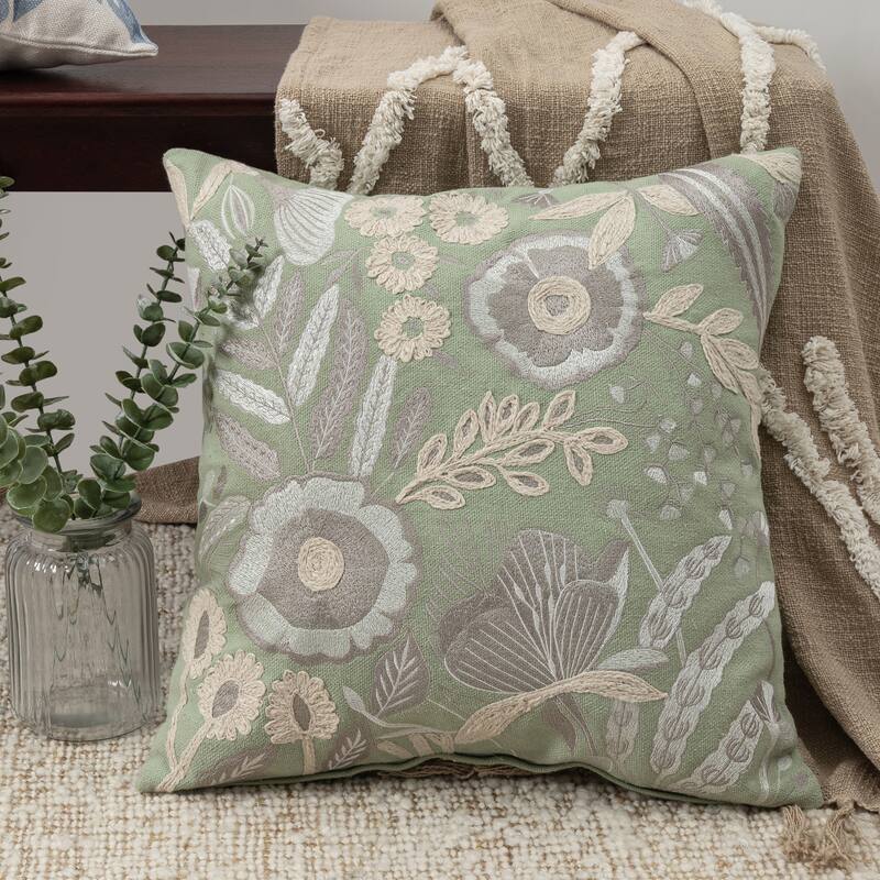 Handwoven Embroidered Floral Square Throw Pillow - 20" - Green and White