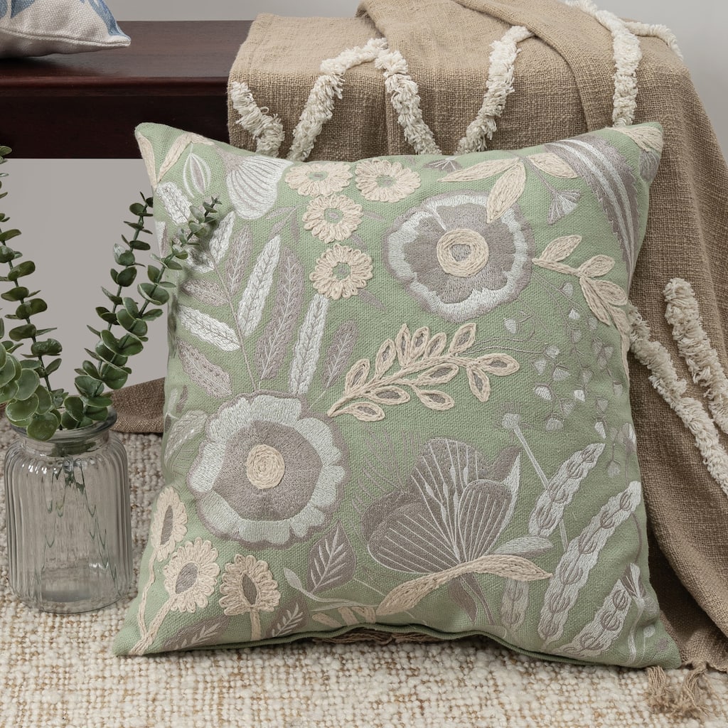 Handwoven Embroidered Floral Square Throw Pillow - 20" - Green and White