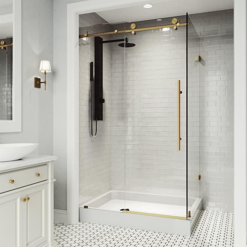 VIGO Elan E-Class Frameless Sliding Shower Enclosure - 36"D x 48"W x 82"H with Left Base - Matte Brushed Gold