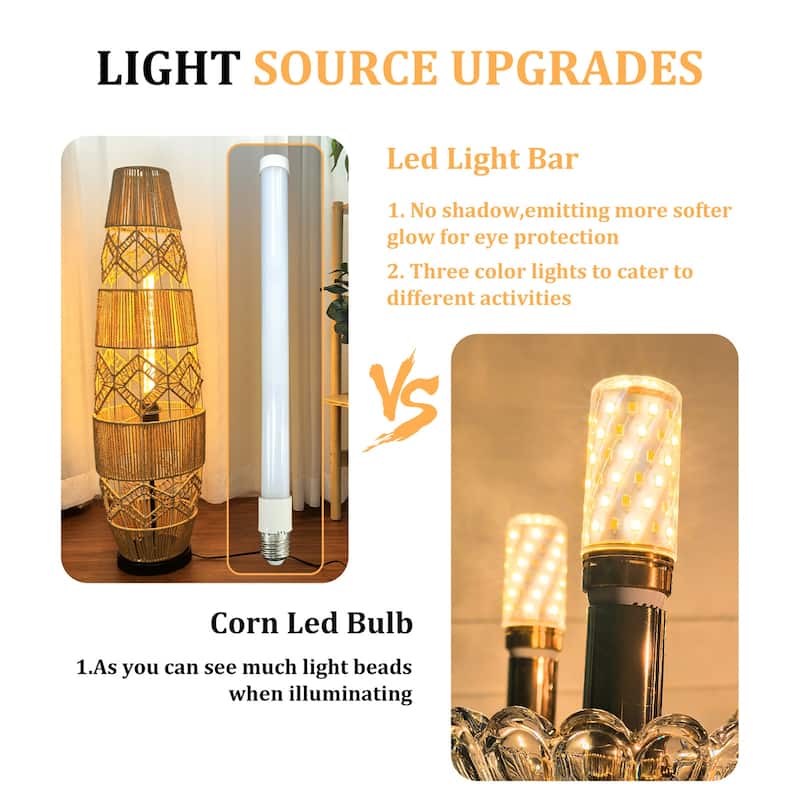Boho Rustic Hand-Woven Rattan Corner Floor Lamp Night Light with Led Light Bar - 7.09x36.61 inch