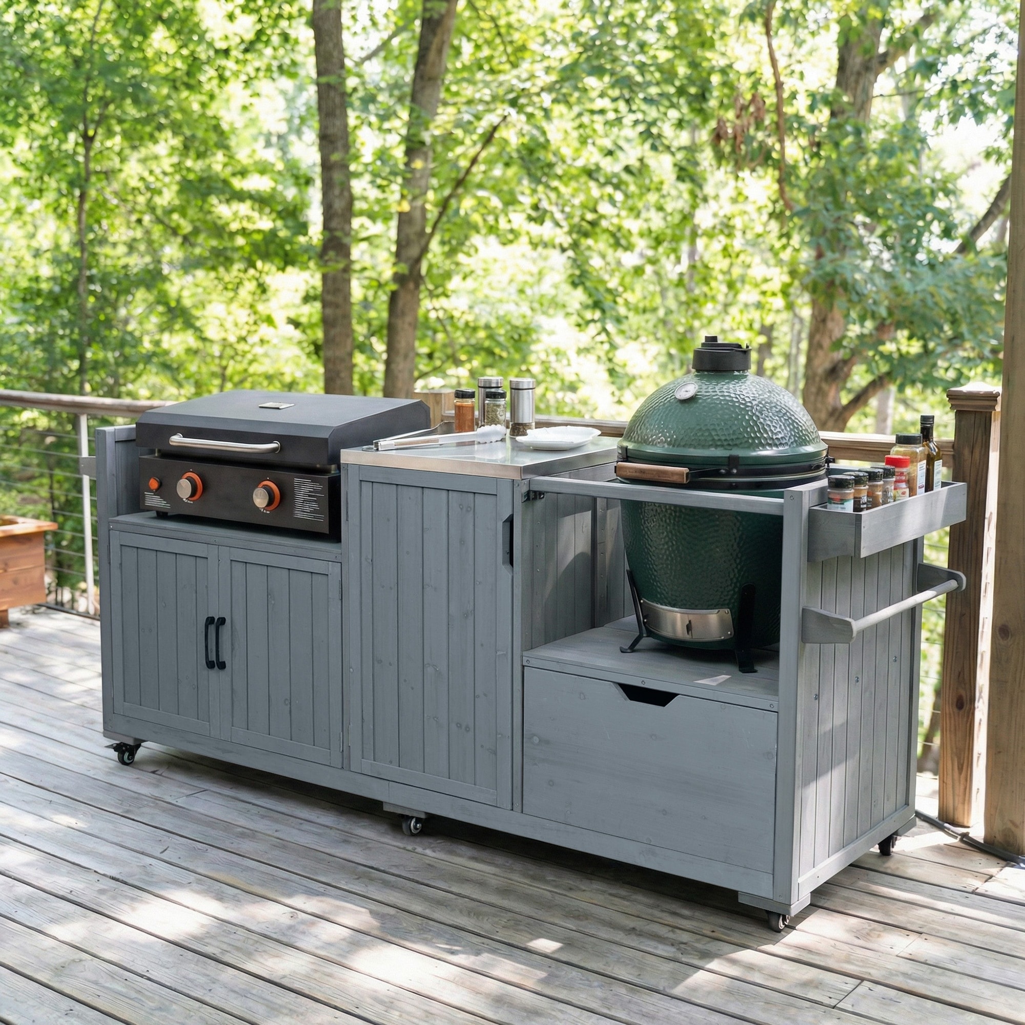 Solid Wood 80.5" Outdoor Kitchen Island for Big Green Egg& Blackstone Griddle, Grill Cart Table with Stainless Steel Top