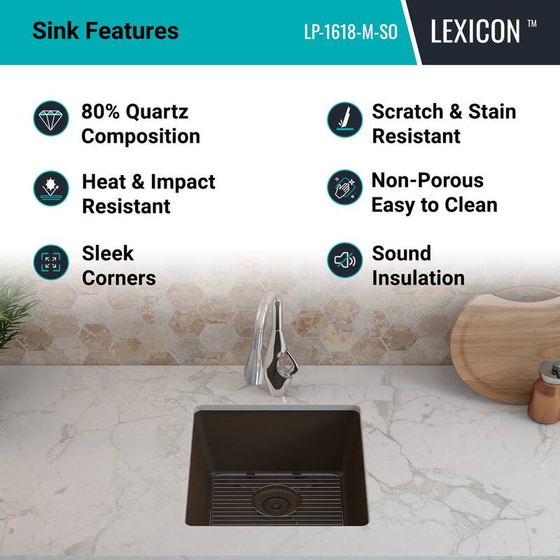 16 Inch Lexicon Platinum Quartz Composite Drop-in Undermount Single Bowl Mocha Kitchen Sink LP-1618-M-SO