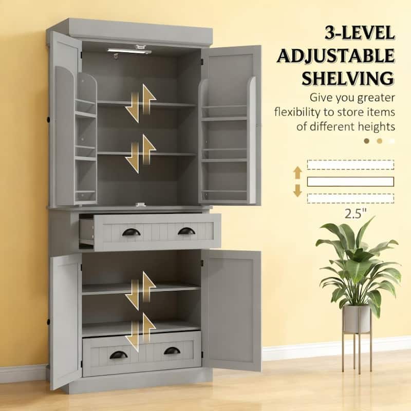 Nordic Style Kitchen Pantry with LED Lights, 6 Door Shelves, Drawer & 4 Adjustable Shelves