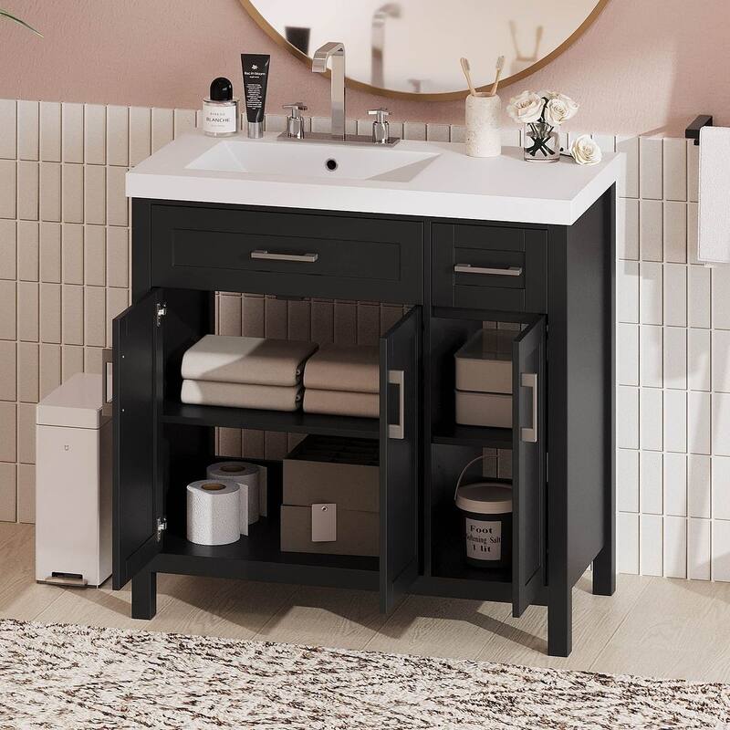36" Bathroom Vanity Cabinet with Resin Integrated Sink - 2 Drawers, 3 Doors