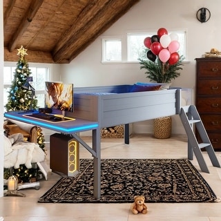Full Size Wood Gaming Loft Bed with Desk and LED,Grey