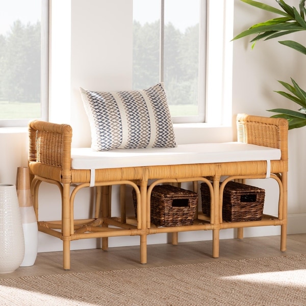 Nairi Modern Bohemian Natural Brown Rattan Bench - On Sale - Bed