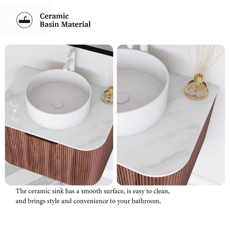 Plywood Wall-Mounted Bathroom Vanity Set with Integrated Ceramic Sink in Natural Wood