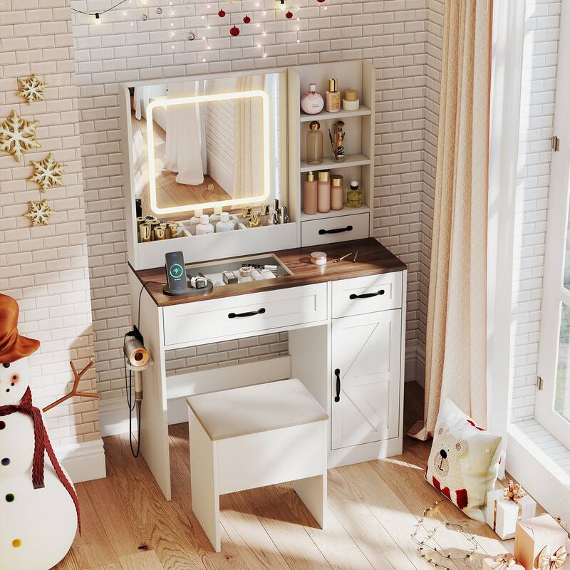 Vanity Desk and Stool Set with Lighted Mirror Built in Charging Station and Storage Drawers White Walnut - 35.5" x 16" x 55"