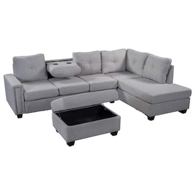 Black L-shape Sectional Sofa with Chaise Storage Ottoman and Cup Holders