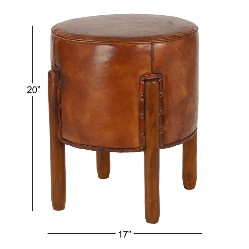 Teak Wood Handmade Upholstered Leather Stool with Wood Legs - Brown - Roche River Decor