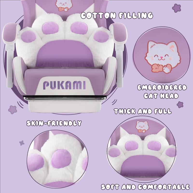 BOSSIN Gaming Chair with Cat Ears and Cat Paw Cushion Pillow,Cute Kawaii Reclining Computer Chair for Girl with Footrest