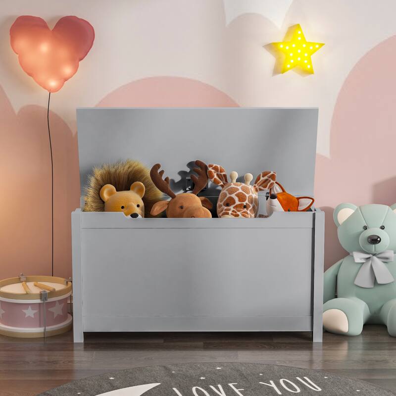 Solid Wood Kids Toy Box with Safety Hinged Lid for Ages 3
