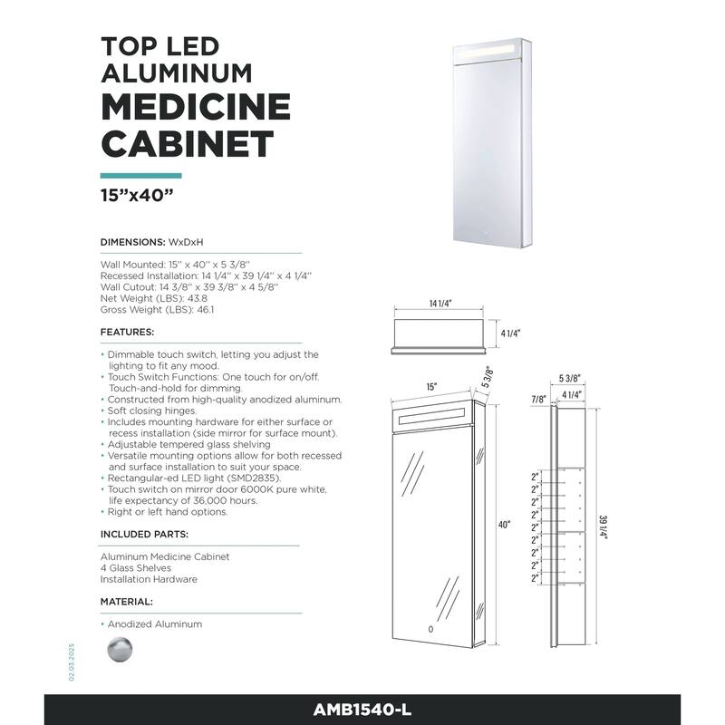 Bathroom Medicine Cabinet, Aluminum, Recessed/Surface Mount, Mirrored Interior w/LED
