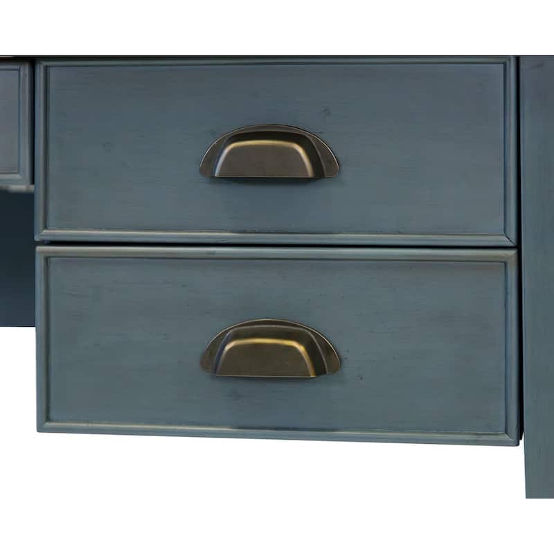 Farmhouse Wood Half-Pedestal Writing Desk and Return, Open L-Shaped Table and Return, Office Desk and Return, Blue