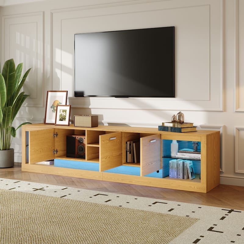 Floor LED TV Stand with Cabinets for 90 Inch TVs, Wood TV Console with Open Storage Shelf, Entertainment Center for Living Room