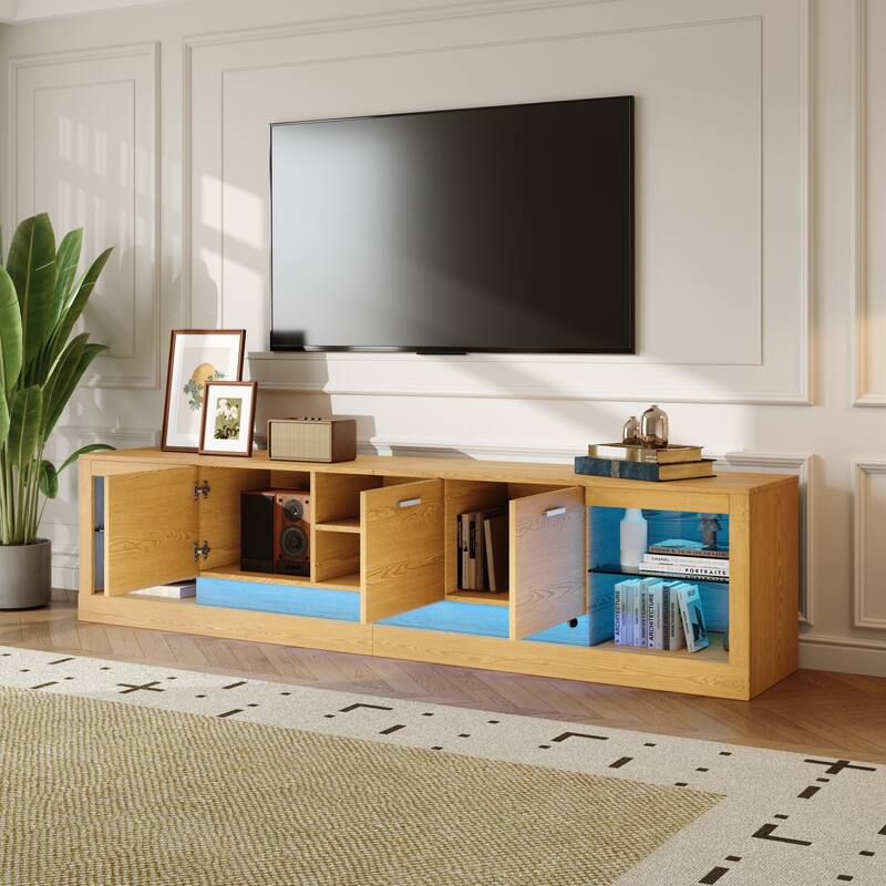 Modern LED TV Stand, for TVs up to 90'' with 6 Cabinets& 2 Open Compartments, for Living Room, Bedroom