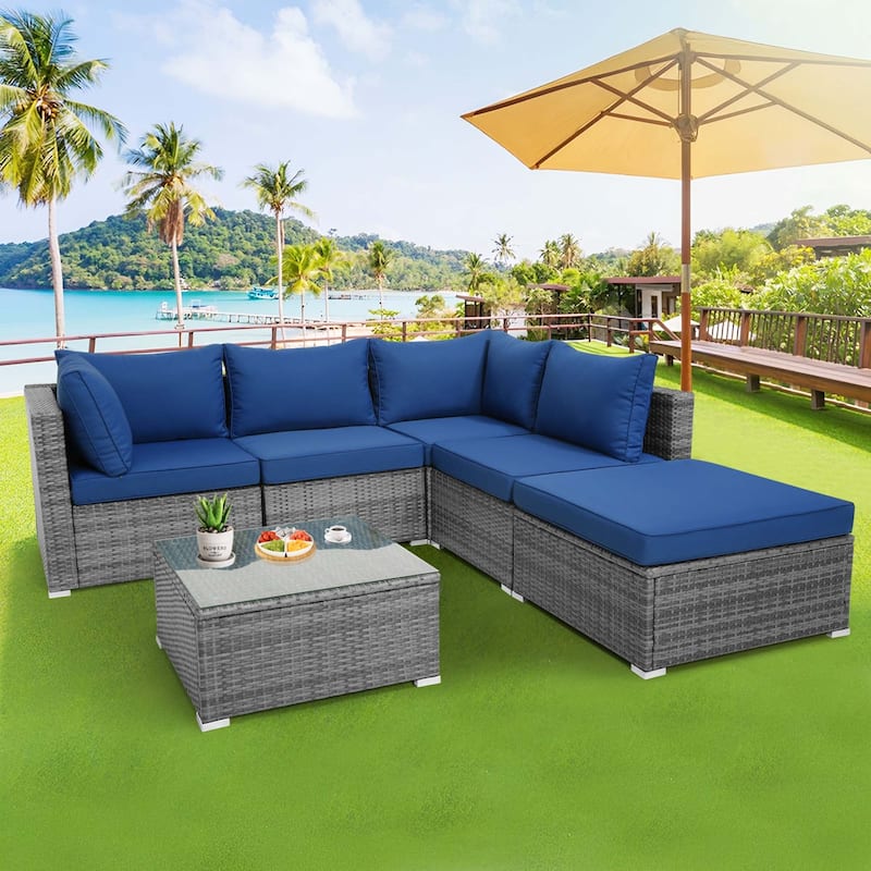 Costway 6PCS Patio Wicker Furniture Set Cushioned Sectional Sofa - See Details - Navy - See Details