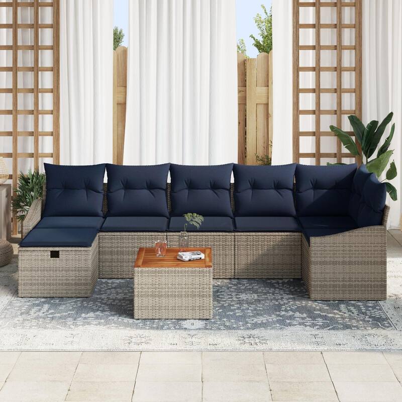 vidaXL 8 Garden Sofa Set with Cushions Black/Grey Poly Rattan - 113.6 x 48.6 x 27.2