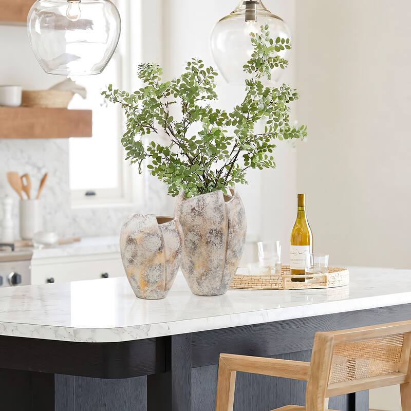 Marbled White Modern Jagged Top Urn Tall Stoneware Vase (Single)