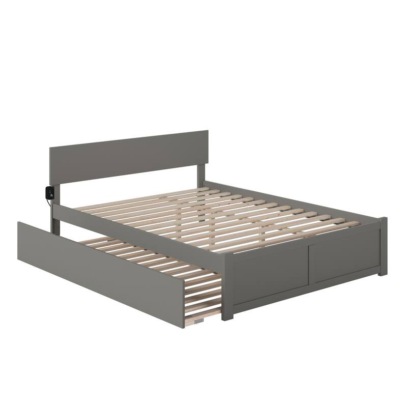 Grey Platform Bed with Footboard and Twin XL Rolling Trundle for Sleek and Contemporary Guest Rooms