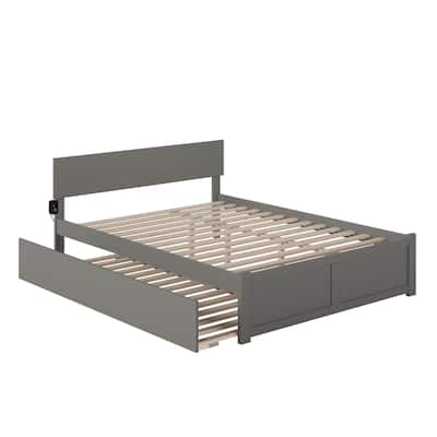 King Platform Bed with Trundle - Grey Wood Bed Frame, USB Charger, Adjustable Headboard