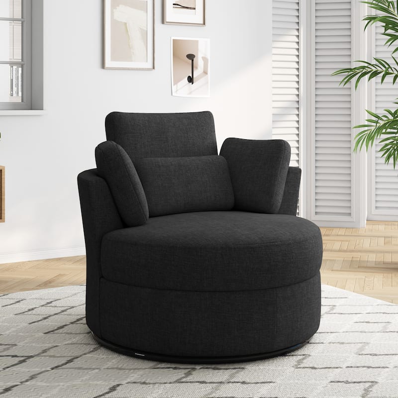 Upholstered Swivel Accent Chair with Wooden Tray Storage Ottoman - Excluding Ottoman - Black/Chenille