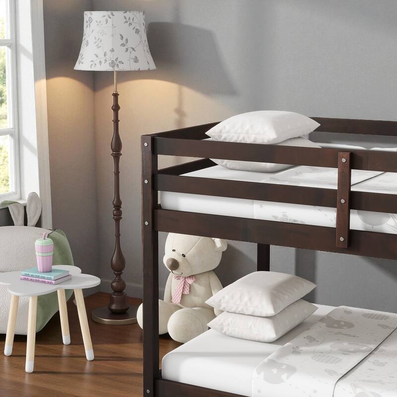 Solid Rubber Wood Twin Over Twin Floor Bunk Bed with Ladder, Low Height Design and Strengthened Slat Support
