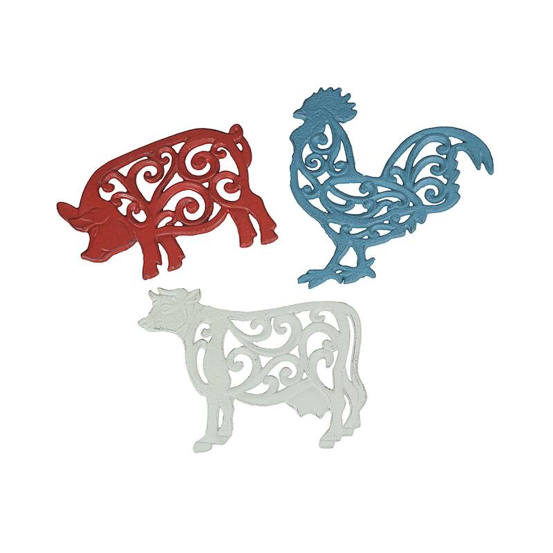 Zeckos Cast Iron Cow Pig And Rooster Kitchen Trivets (Set Of 3) - 0.5 X 9.5 X 9 inches