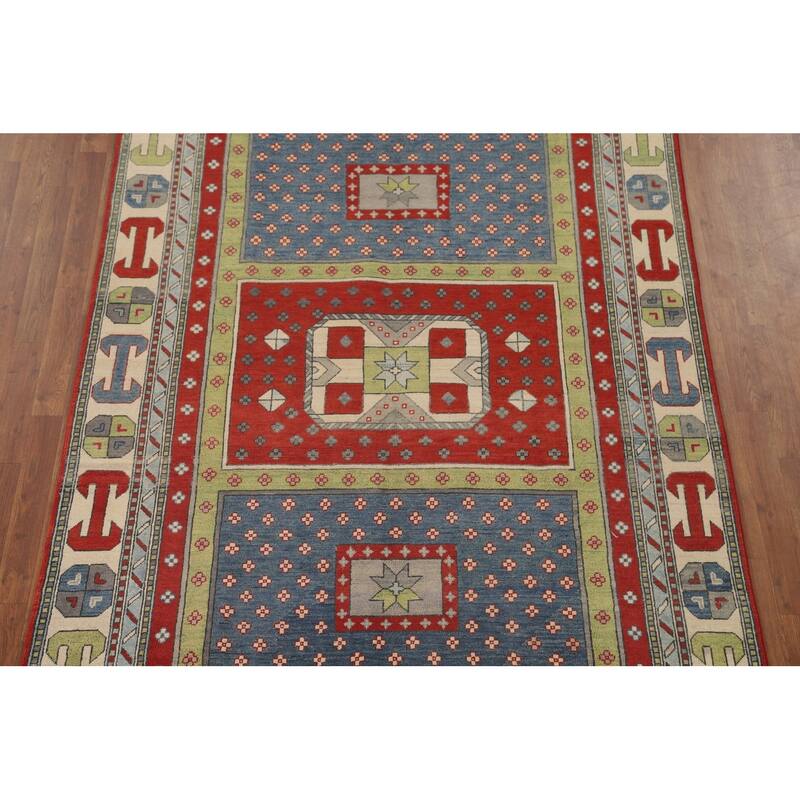 Geometric Kazak Area Rug Hand-Knotted Multi-Color Wool Carpet - 5'11" x 9'2"