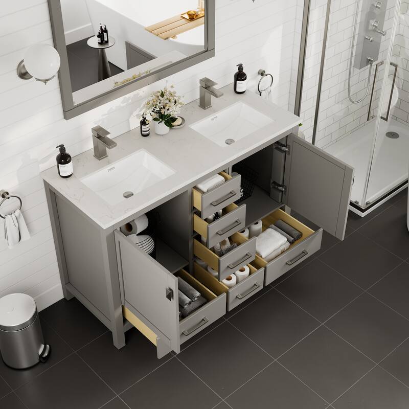 Eviva London 48" x 18" Gray Transitional Double Sink Bathroom Vanity w/ White Carrara Quartz Top