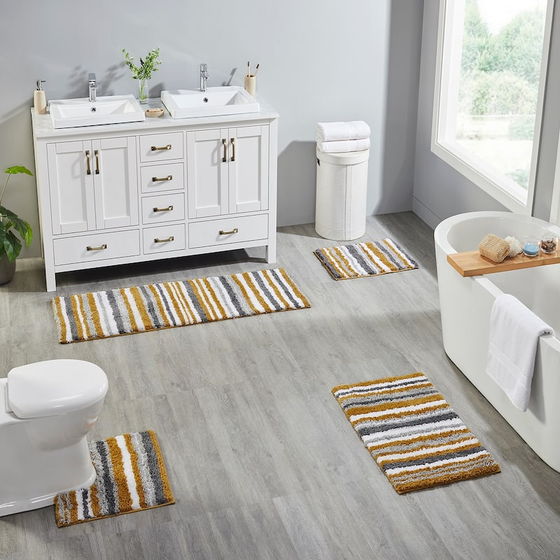 Better Trends Bath Rug 100% Polyester Super Absorbent Anti-Skid TPR Backing Bathroom Rug For Shower,Sink Mats Griffie Collection - 4 Piece Set 17"x24" | 20"x20" | 20"x32" | 20"x60" - Yellow