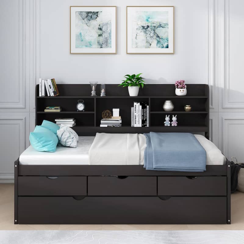 Twin Size Wooden Captain Bed with Built-in Bookshelves,3 Drawers and Trundle - Antique Brown
