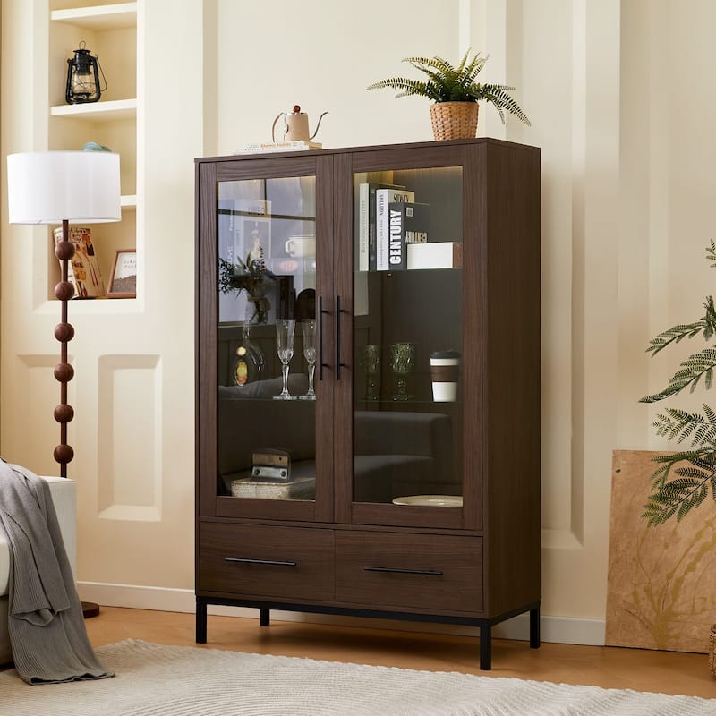 60"Hx39.5"W Lighted Display Cabinet with Glass Doors & LED Lighting Bookshelf Buffet - Dark Walnut