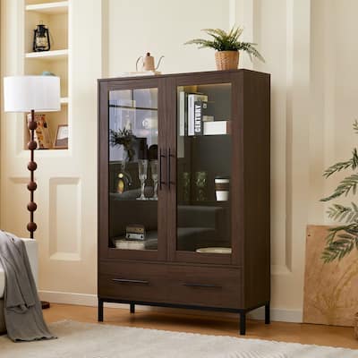 60"Hx39.5"W Lighted Display Cabinet with Glass Doors & LED Lighting Bookshelf Buffet