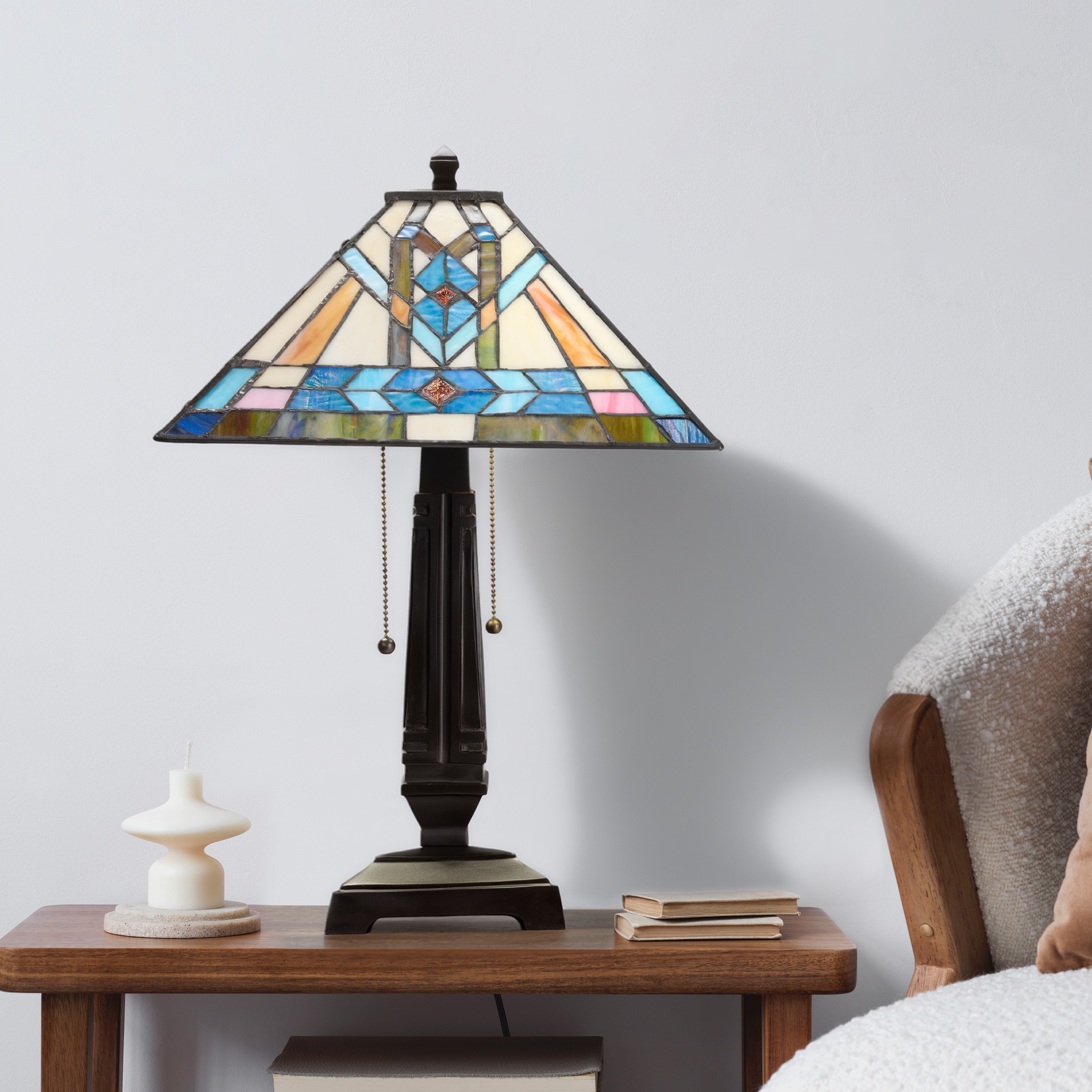 River of Goods Sterling Brown Metal and Glass Empire Shade 21-Inch Tiffany-Style Table Lamp - 14'' x 14'' x 21"