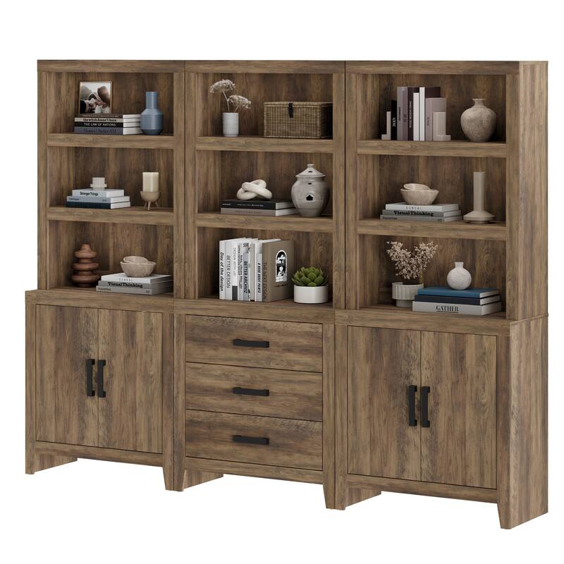 WAMPAT 74" 3-Piece Bookcase, Farmhouse Storage with Doors & Drawers