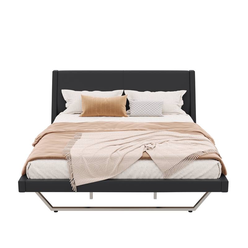 Wave-Like Curve Design Platform Bed Pu Leathe Upholstered Bed Frame Wooden Slat Support