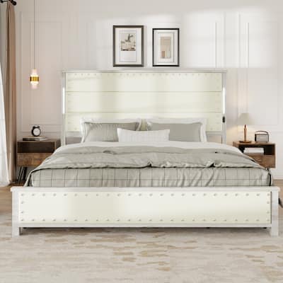 King Size Bed Frame with Upholstered Headboard and 4 Storage Drawers