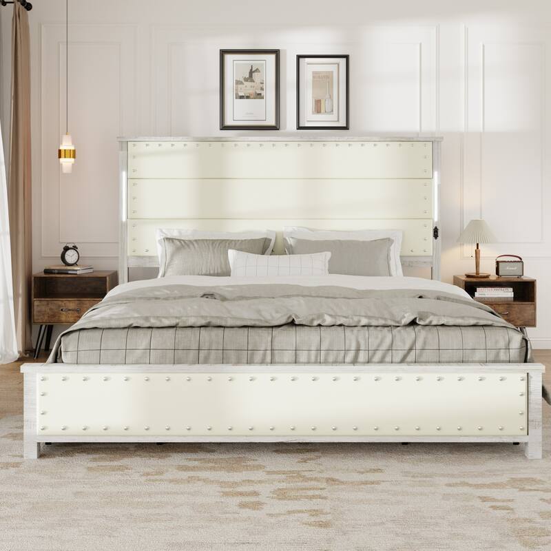 King Size bed Frame with Upholstered Headboard and 4 Storage Drawers , King bed Frame with Charging Station and LED Lights - Antique White