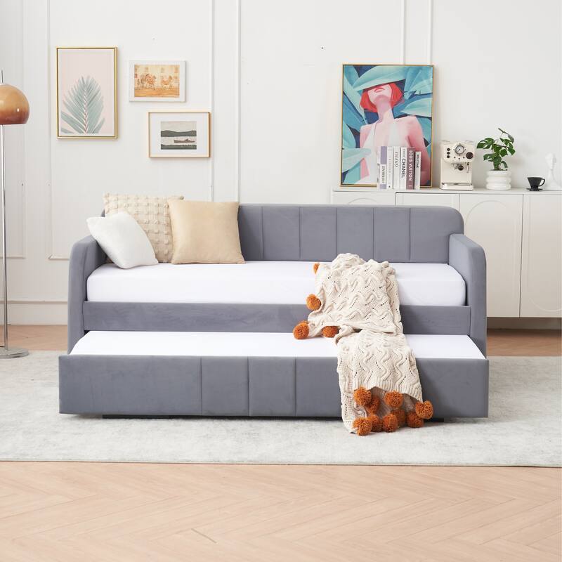 Twin Size Velvet Upholstered Daybed, Wood Sofa Bed Frame Daybed Couch with Trundle Bed and Wood Slat