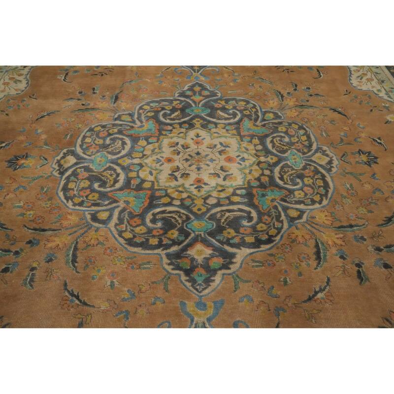 Hand Knotted Oriental 100% Wool Carpet Traditional Floral Oranges & Rust Tabriz Area Rug - 13' 0'' X 9' 9''