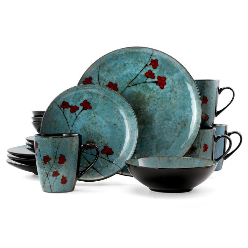 Spring Bloom Light Blue Stoneware Dinnerware Set 16 Pieces