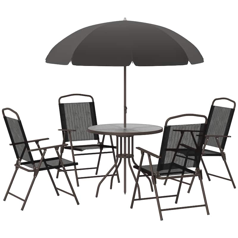 6 Pcs Folding Patio Dining Set, All-Weather Patio Furniture Set with Umbrella, Glass Table and 4 Folding Chairs - Black