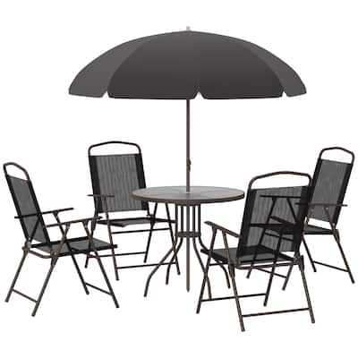 6 Pcs Folding Patio Dining Set, All-Weather Patio Furniture Set with Umbrella, Glass Table and 4 Folding Chairs