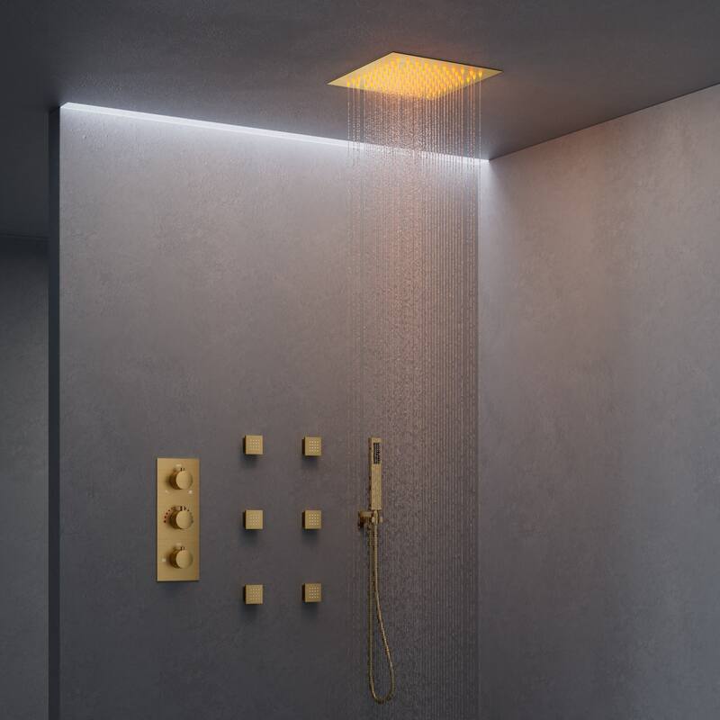 Thermostatic Rainfall Shower System,12 Inch 64-Color LED Mood Lighting Shower Faucet Set with 6 Body Jets