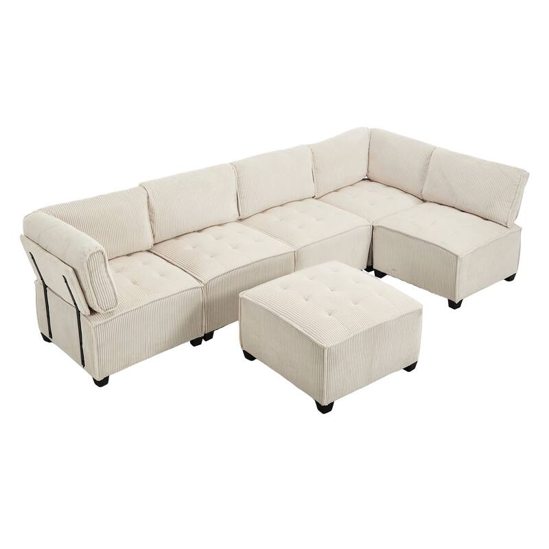 U-Shaped Modular Sectional Sofa, Oversized Corduroy Cloud Couch with Reversible Chaise, Comfy Convertible 6-Seat Corner Couch
