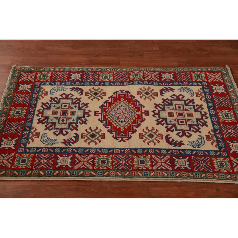 Traditional Kazak Foyer Rug Hand-Knotted Beige Wool Carpet - 2'8"x 4'0"