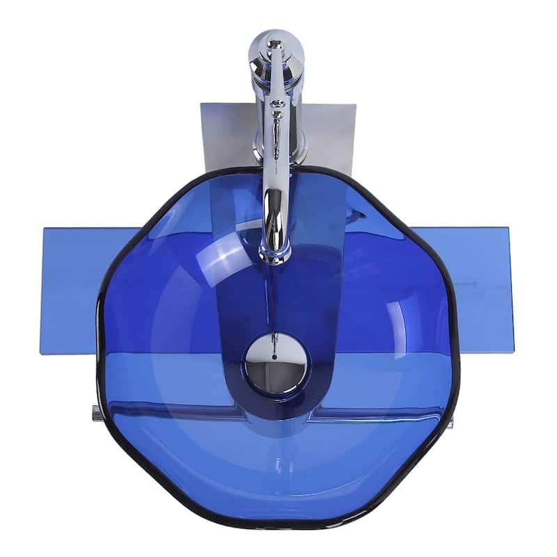 23.25" Blue Tempered Glass Wall Mount Bathroom Sink with Chrome Faucet, Pop Up Drain and Towel Bar
